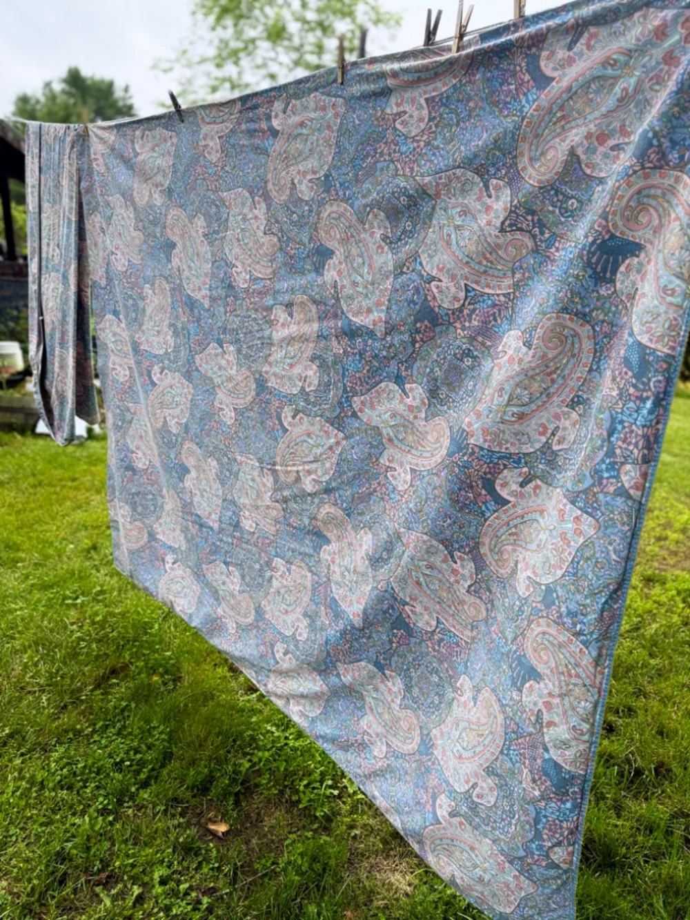 Vintage Blue Pink Paisley Twin Bed Duvet Cover and Flawed Fitted Sheet 2 pc USA